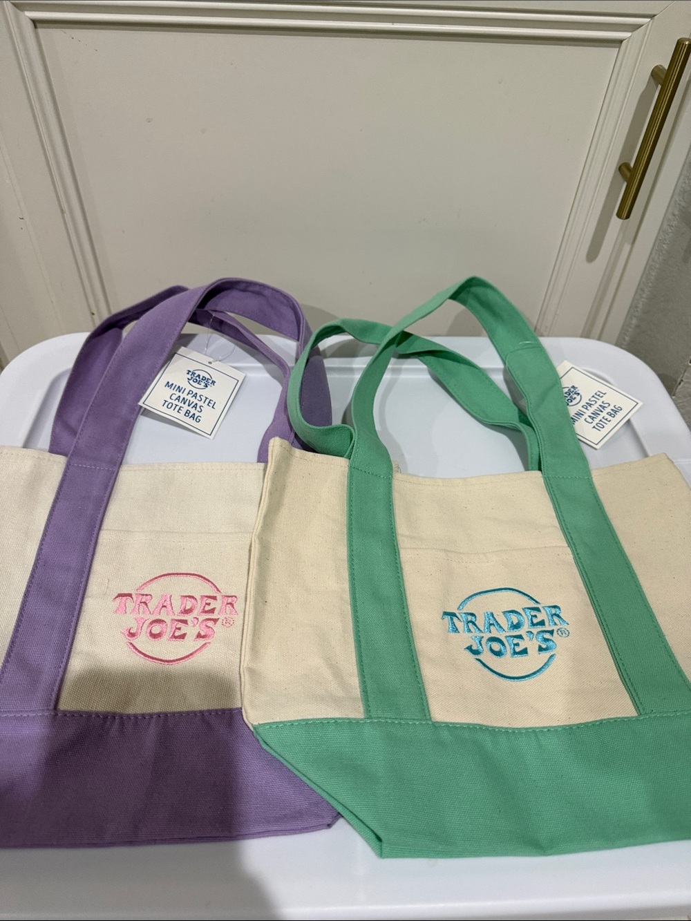 2 Trader Joe’s Mini Pastel Canvas Tote Bags Mint Green Lavender Purple
